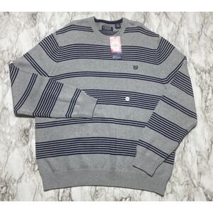 CHAPS Sweater Mens Size 2XL Gray Navy Striped Embroidered‎ Logo NWT